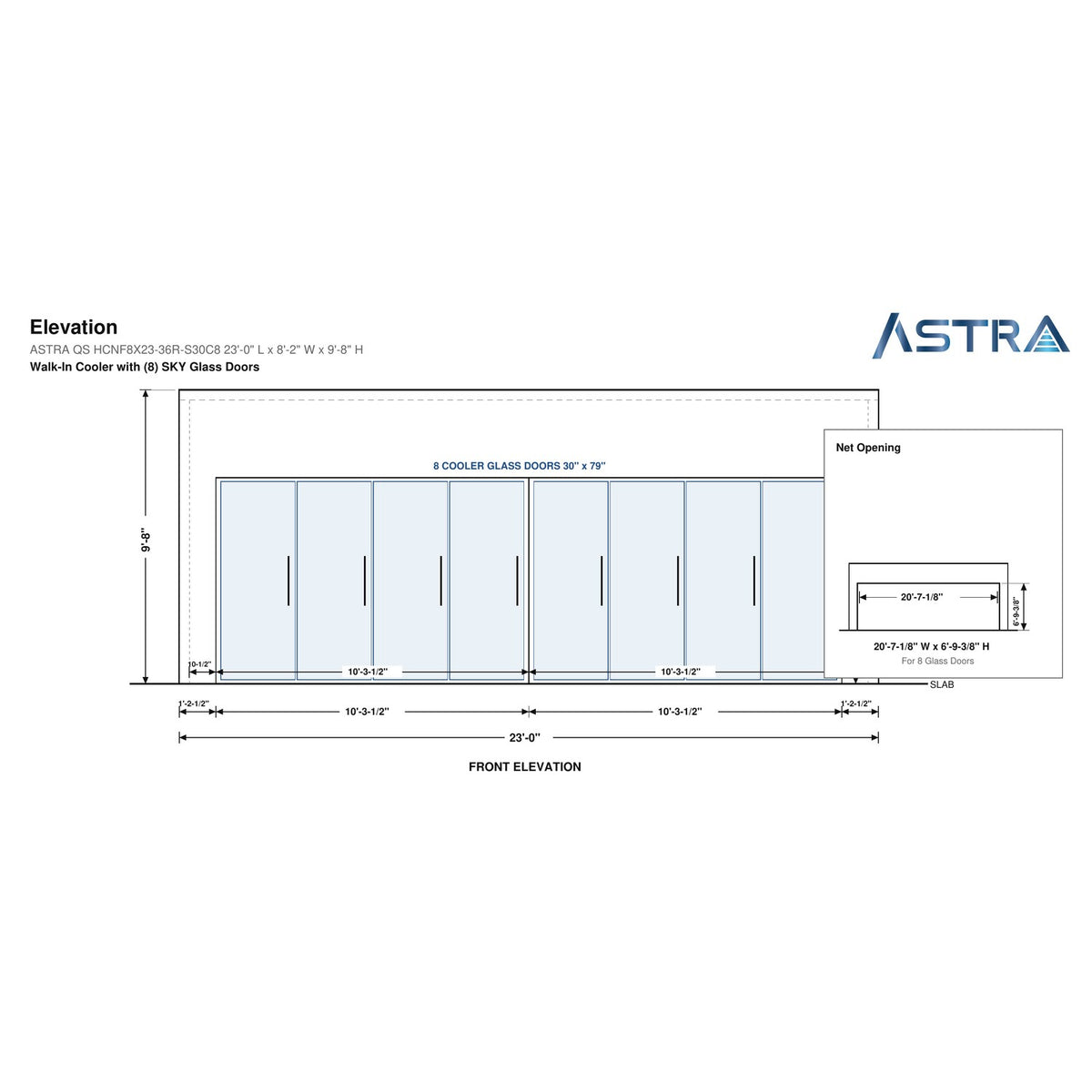Astra HCNF8X23-S30C8 8' x 23' Walk-In Cooler No Floor, 8 Glass Doors, front elevation drawing with glass door net opening