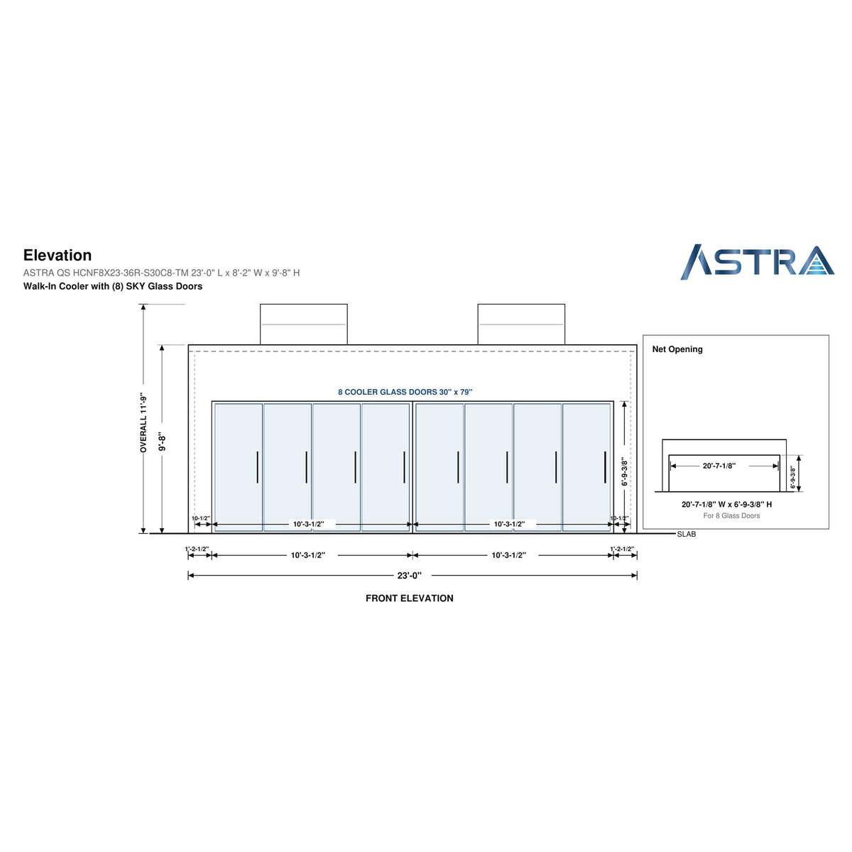 Astra HCNF8X23-S30C8-TM 8' x 23' Walk-In Cooler No Floor, 8 Glass Doors, front elevation drawing with glass door net opening