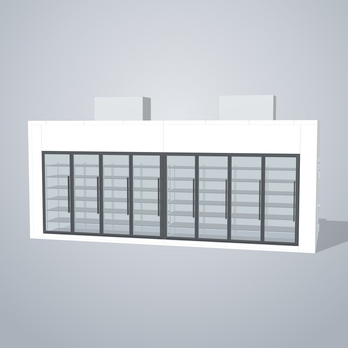 Astra HCNF8X23-S30C8-TM 8' x 23' Walk-In Cooler No Floor, 8 Glass Doors, front 3D view of the glass door wall