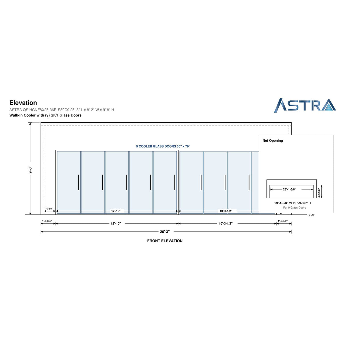 Astra HCNF8X26-S30C9 8' x 26' Walk-In Cooler No Floor, 9 Glass Doors, front elevation drawing with glass door net opening