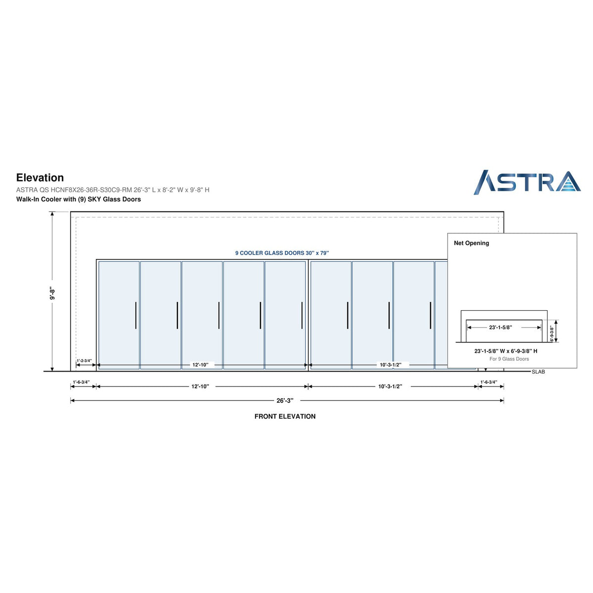 Astra HCNF8X26-S30C9-RM 8' x 26' Walk-In Cooler No Floor, 9 Glass Doors, front elevation drawing with glass door net opening