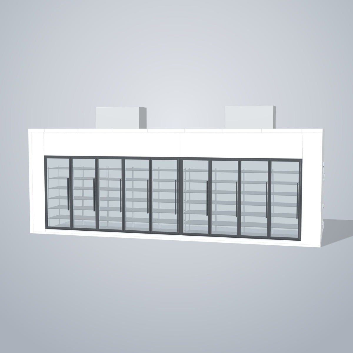 Astra HCNF8X26-S30C9-TM 8' x 26' Walk-In Cooler No Floor, 9 Glass Doors, front 3D view of the glass door wall