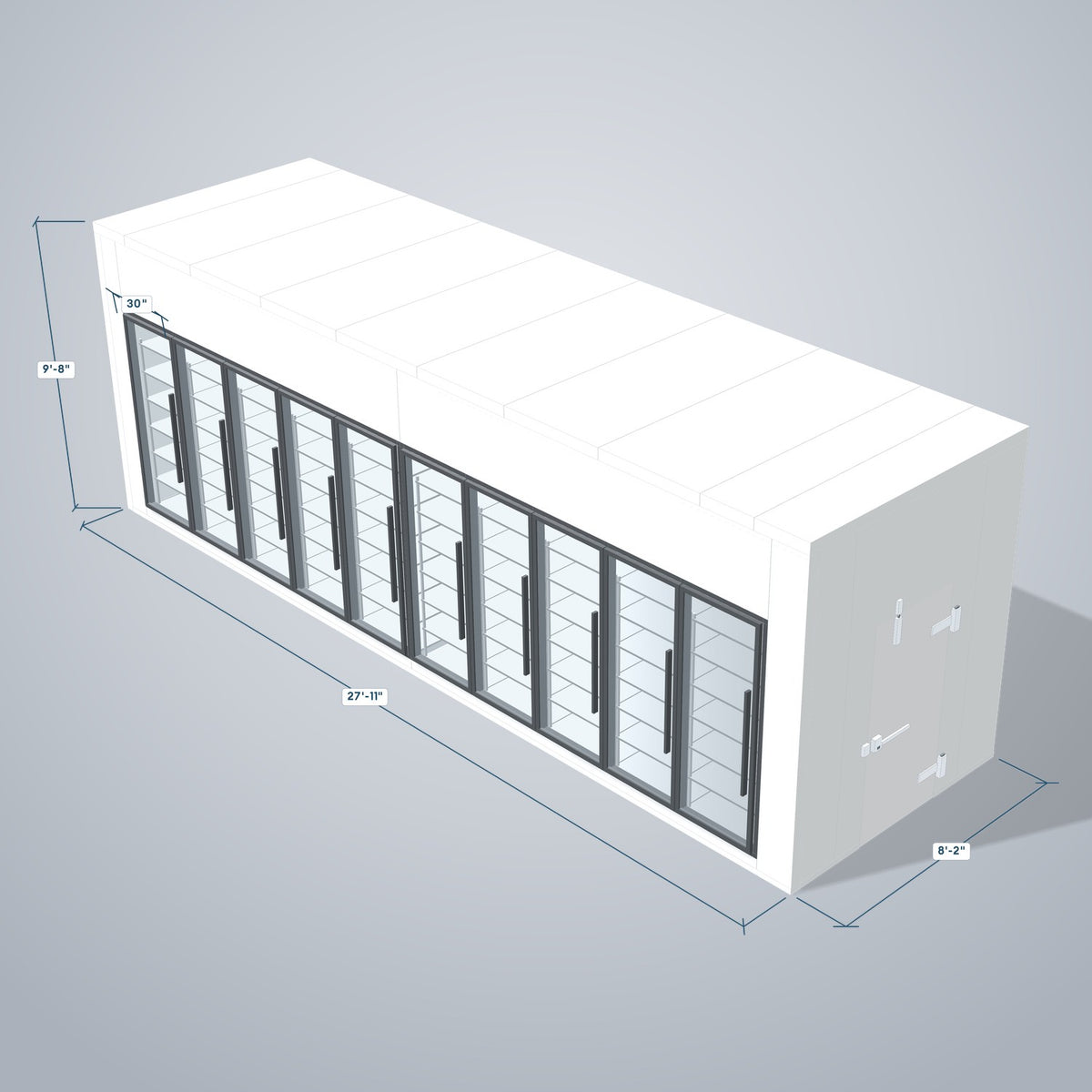 Astra HCNF8X28-S30C10 8' x 28' Walk-In Cooler No Floor, 10 Glass Doors, 3D view with outside dimensions