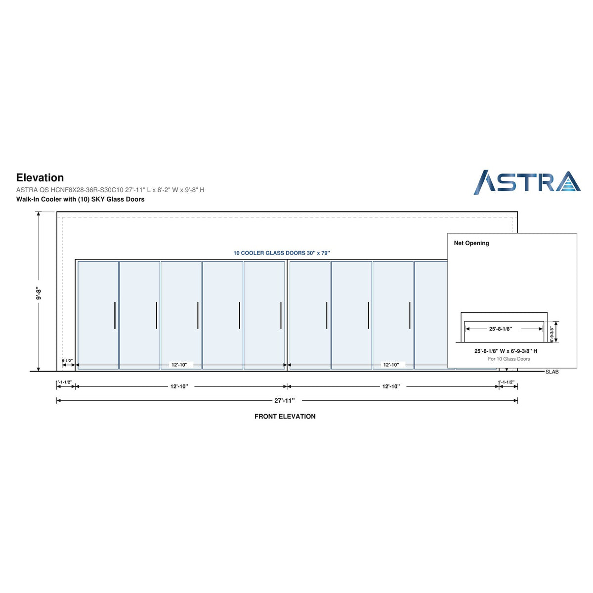 Astra HCNF8X28-S30C10 8' x 28' Walk-In Cooler No Floor, 10 Glass Doors, front elevation drawing with glass door net opening