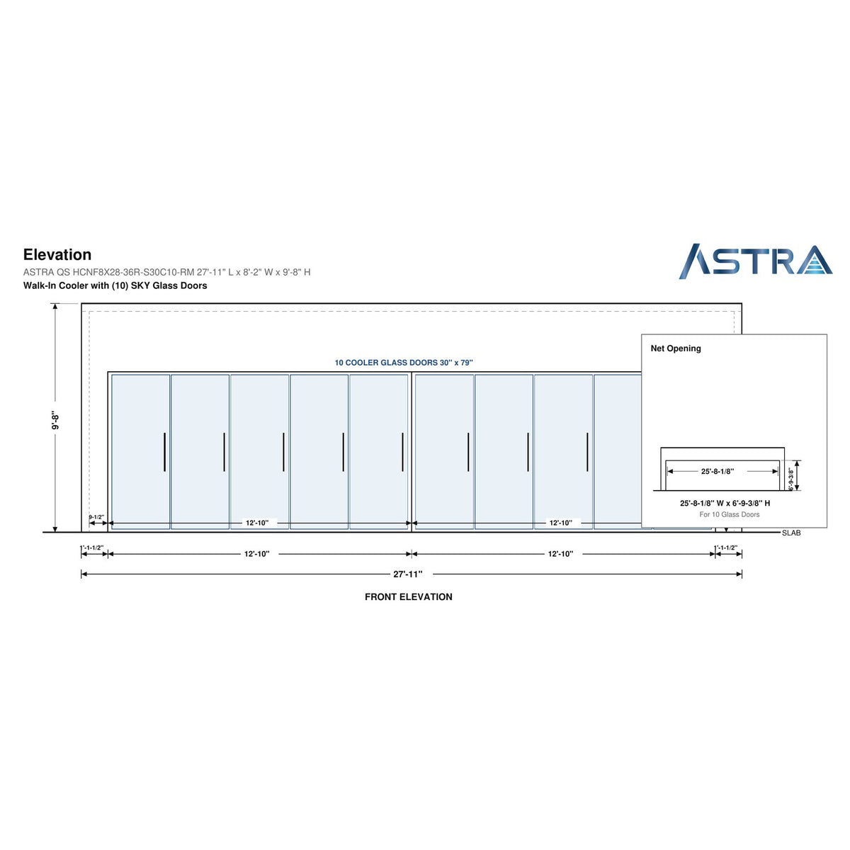 Astra HCNF8X28-S30C10-RM 8' x 28' Walk-In Cooler No Floor, 10 Glass Doors, front elevation drawing with glass door net opening