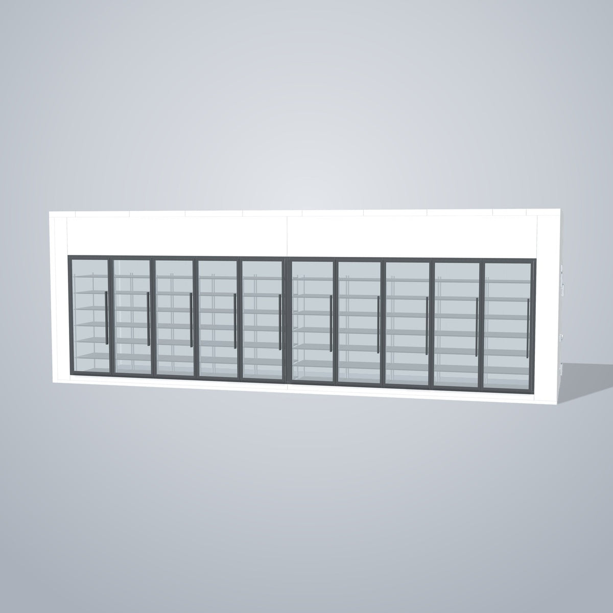 Astra HCNF8X28-S30C10-RM 8' x 28' Walk-In Cooler No Floor, 10 Glass Doors, front 3D view of the glass door wall