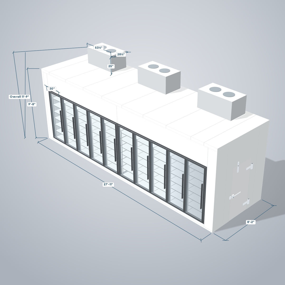 Astra HCNF8X28-S30C10-TM 8' x 28' Walk-In Cooler No Floor, 10 Glass Doors, 3D view with outside dimensions