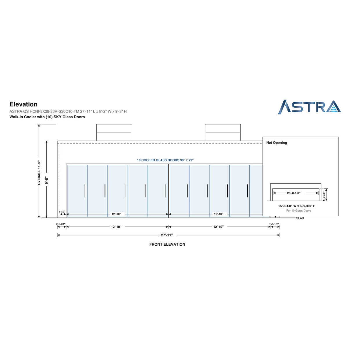 Astra HCNF8X28-S30C10-TM 8' x 28' Walk-In Cooler No Floor, 10 Glass Doors, front elevation drawing with glass door net opening