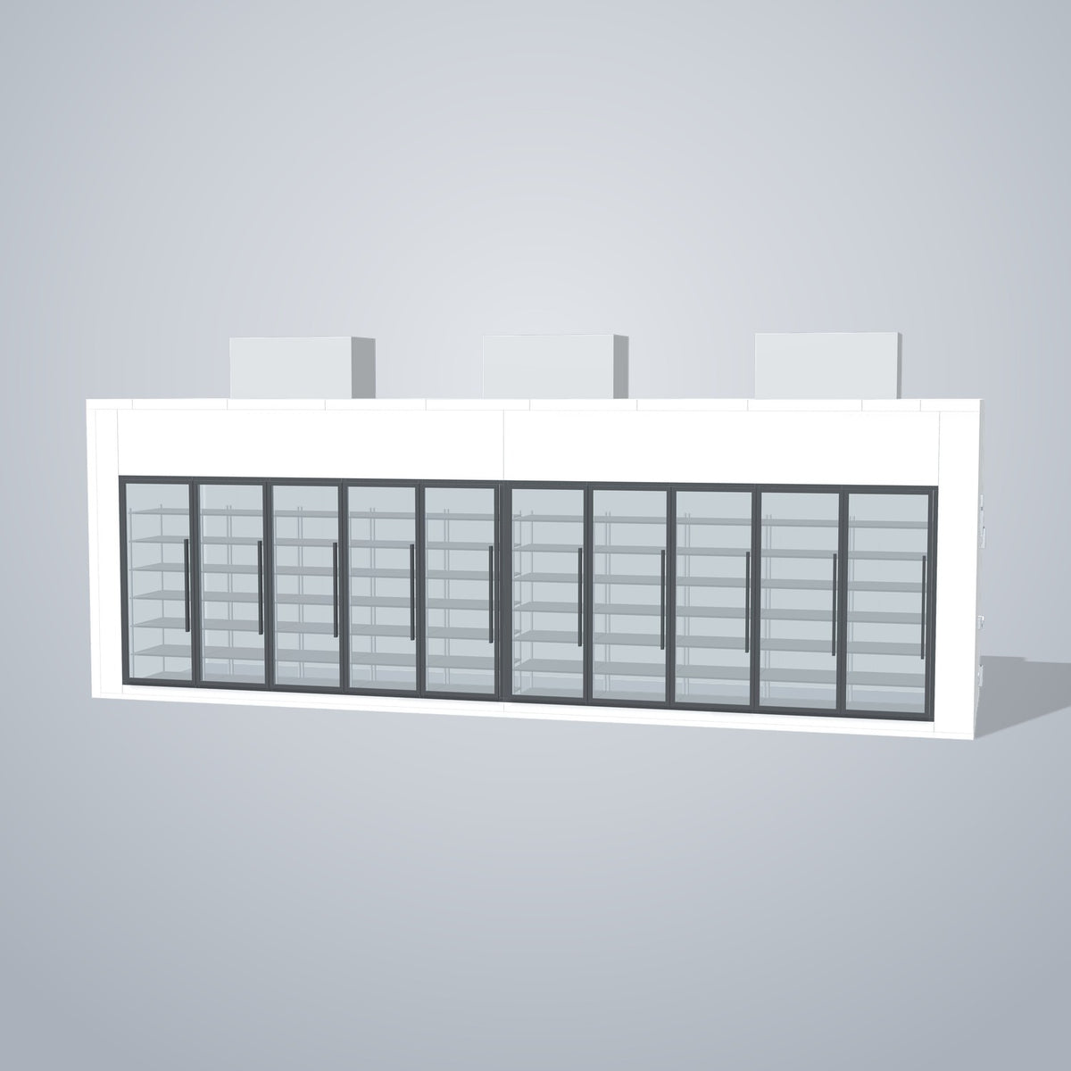 Astra HCNF8X28-S30C10-TM 8' x 28' Walk-In Cooler No Floor, 10 Glass Doors, front 3D view of the glass door wall
