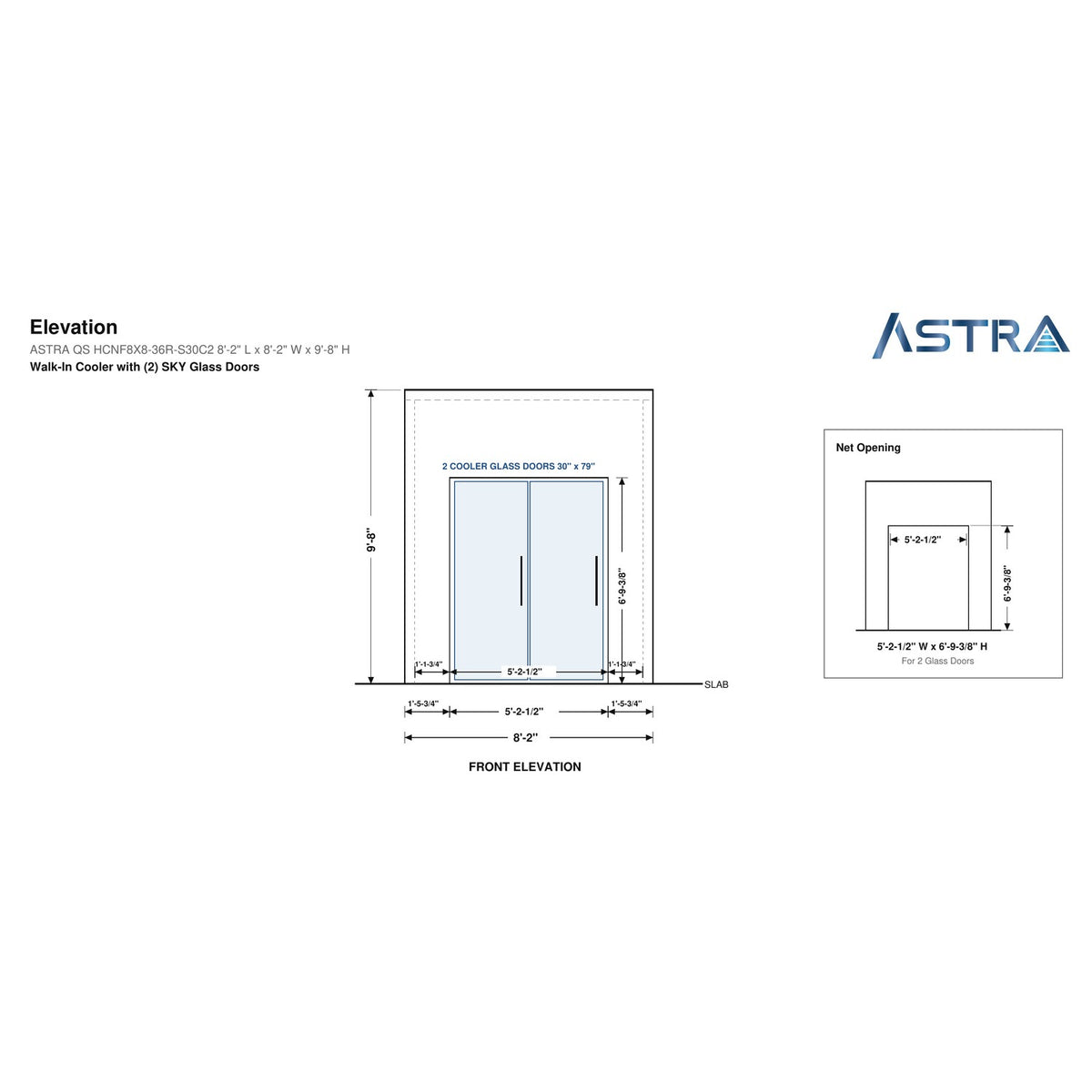 Astra HCNF8X8-S30C2 walk-in cooler no floor with 2 glass doors, front elevation drawing with glass door net opening