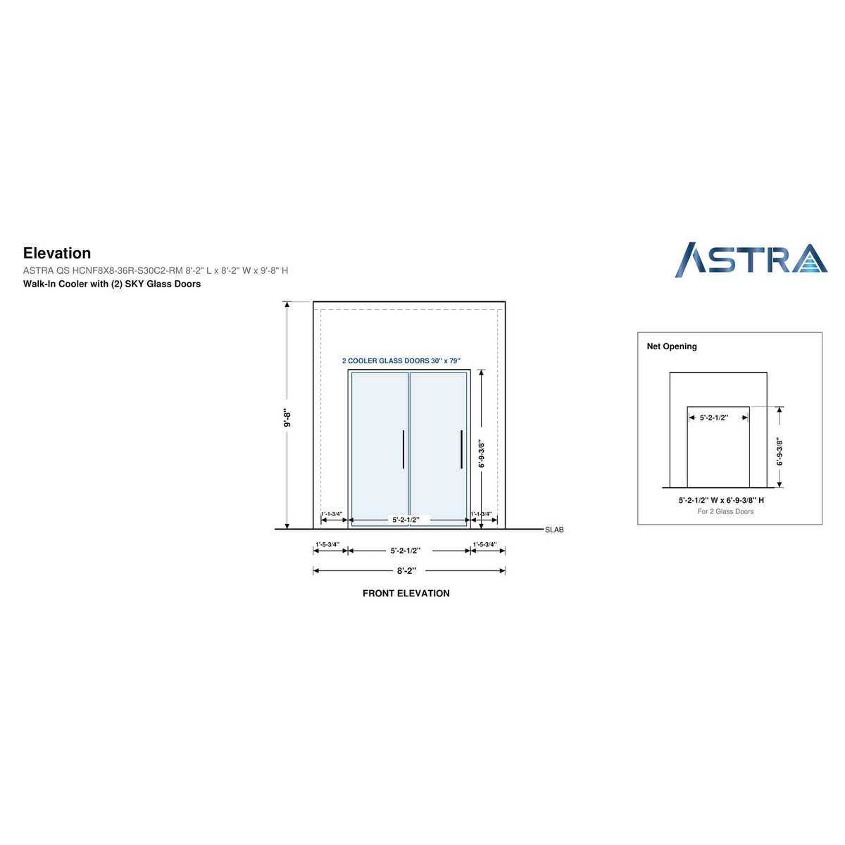 Astra HCNF8X8-S30C2-RM walk-in cooler no floor with 2 glass doors and remote refrigeration, front elevation drawing with glass door net opening