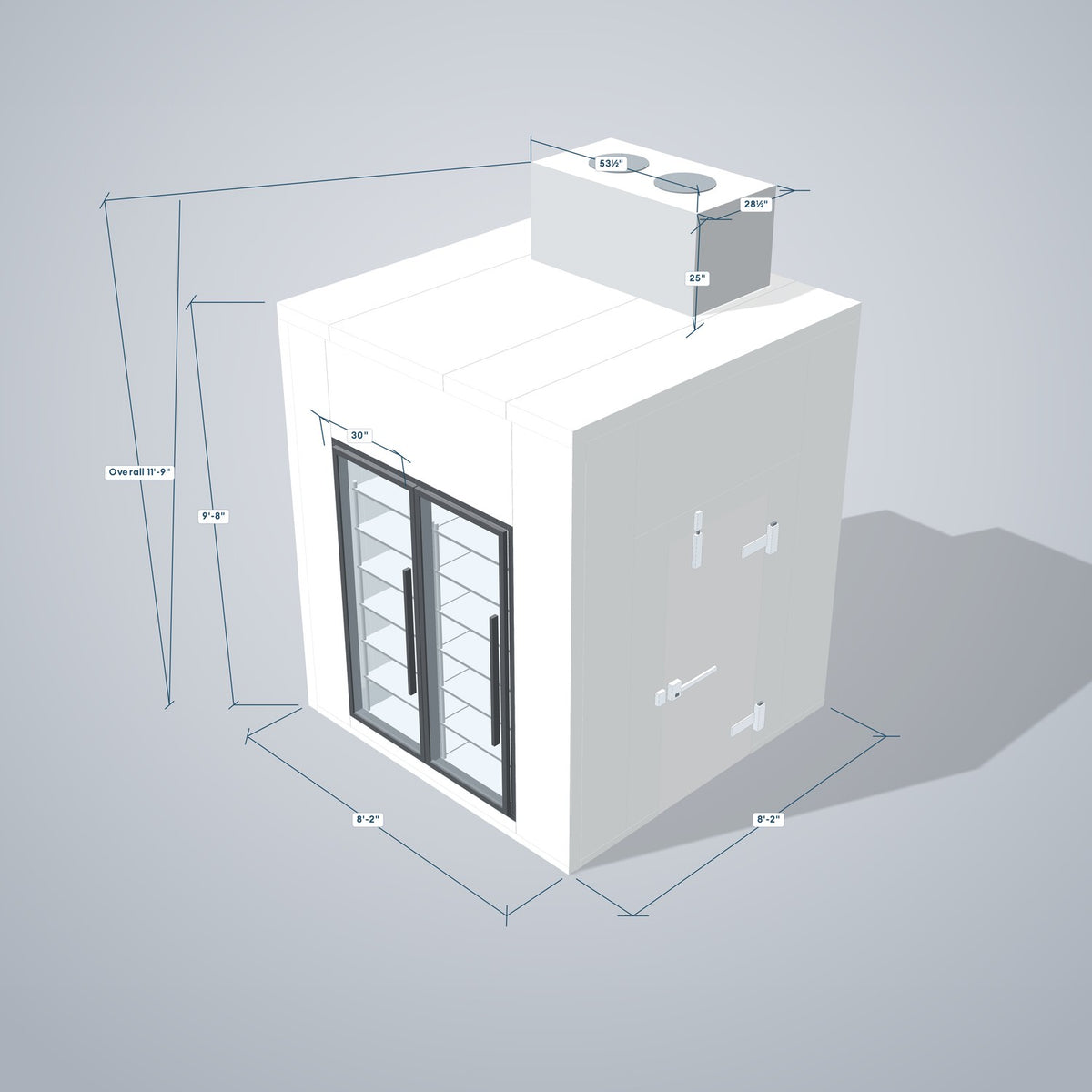 Astra HCNF8X8-S30C2-TM walk-in cooler no floor with 2 glass doors and top mount refrigeration, 3D view with outside dimensions
