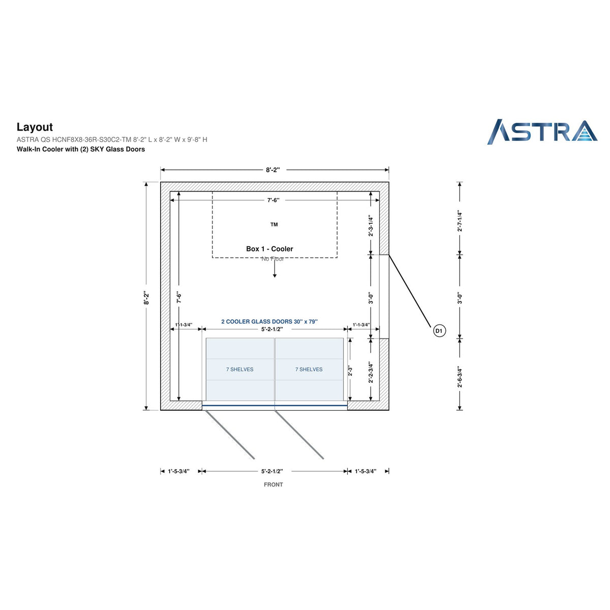 Astra HCNF8X8-S30C2-TM walk-in cooler no floor with 2 glass doors and top mount refrigeration, floor plan layout drawing with glass door shelving