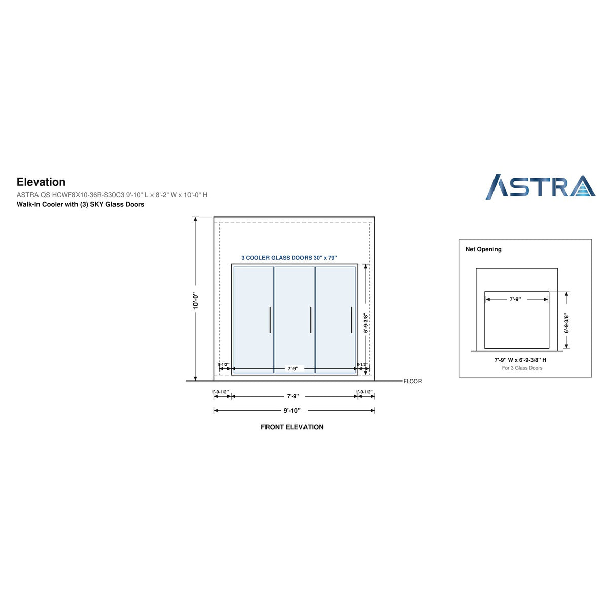 Astra HCWF8X10-S30C3 walk-in cooler with floor with 3 glass doors, front elevation drawing with glass door net opening