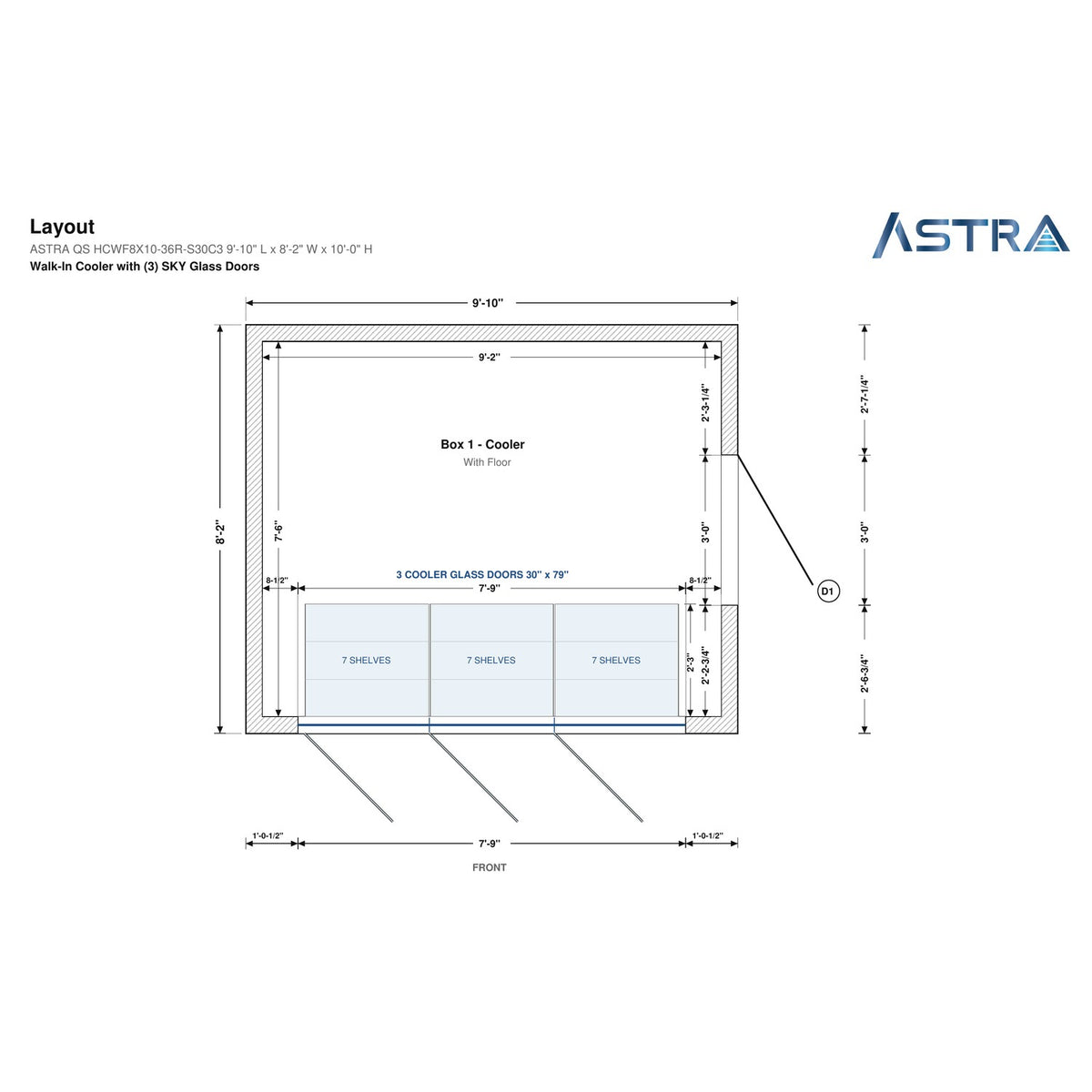 Astra HCWF8X10-S30C3 walk-in cooler with floor with 3 glass doors, floor plan layout drawing with glass door shelving