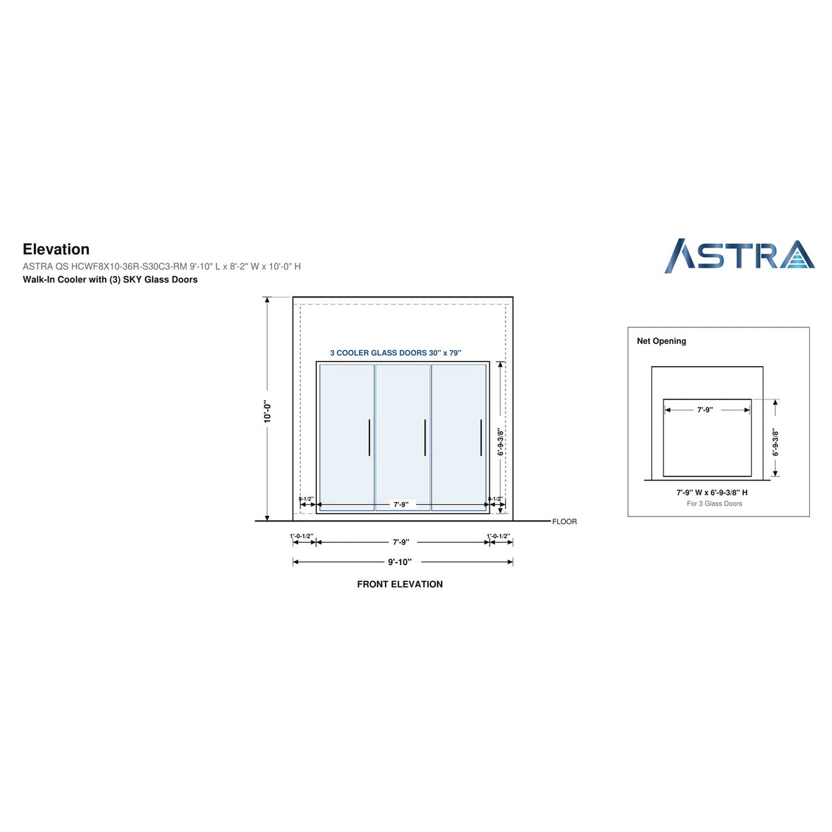 Astra HCWF8X10-S30C3-RM walk-in cooler with floor with 3 glass doors and remote refrigeration, front elevation drawing with glass door net opening