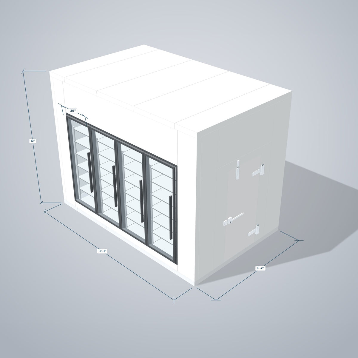 Astra HCWF8X13-S30C4 walk-in cooler with floor with 4 glass doors, 3D view with outside dimensions