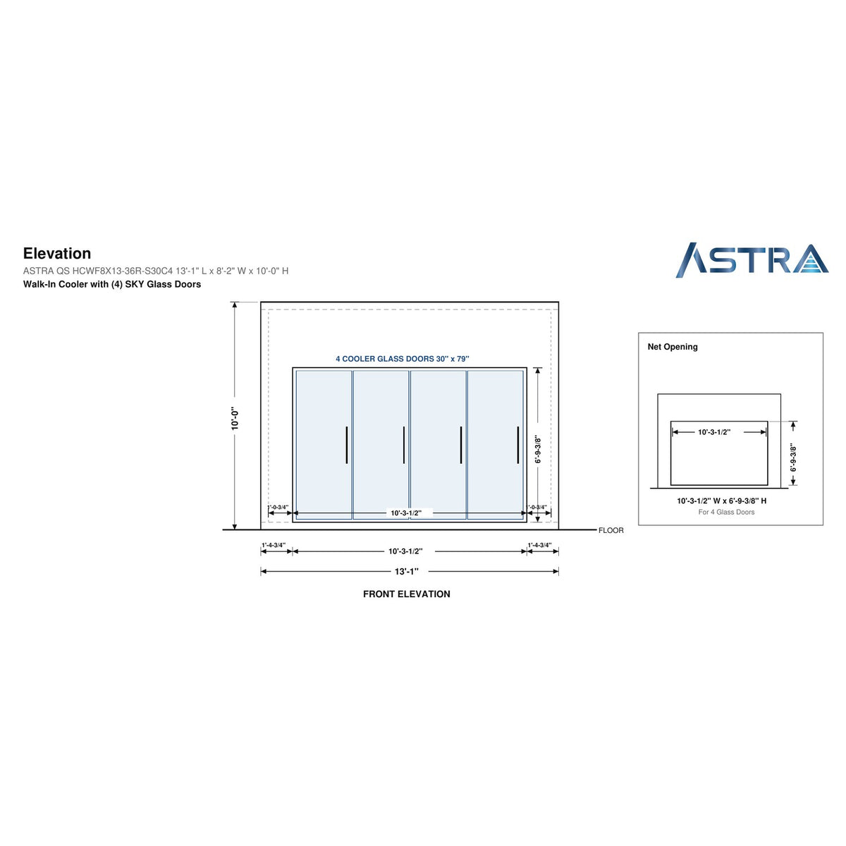 Astra HCWF8X13-S30C4 walk-in cooler with floor with 4 glass doors, front elevation drawing with glass door net opening