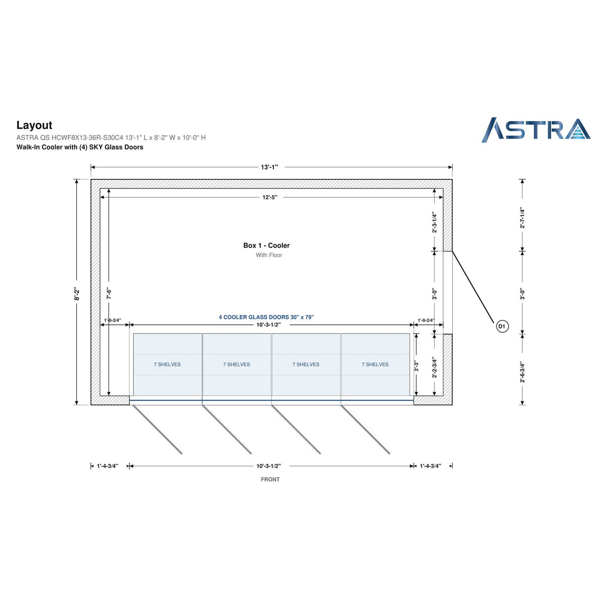 Astra HCWF8X13-S30C4 walk-in cooler with floor with 4 glass doors, floor plan layout drawing with glass door shelving