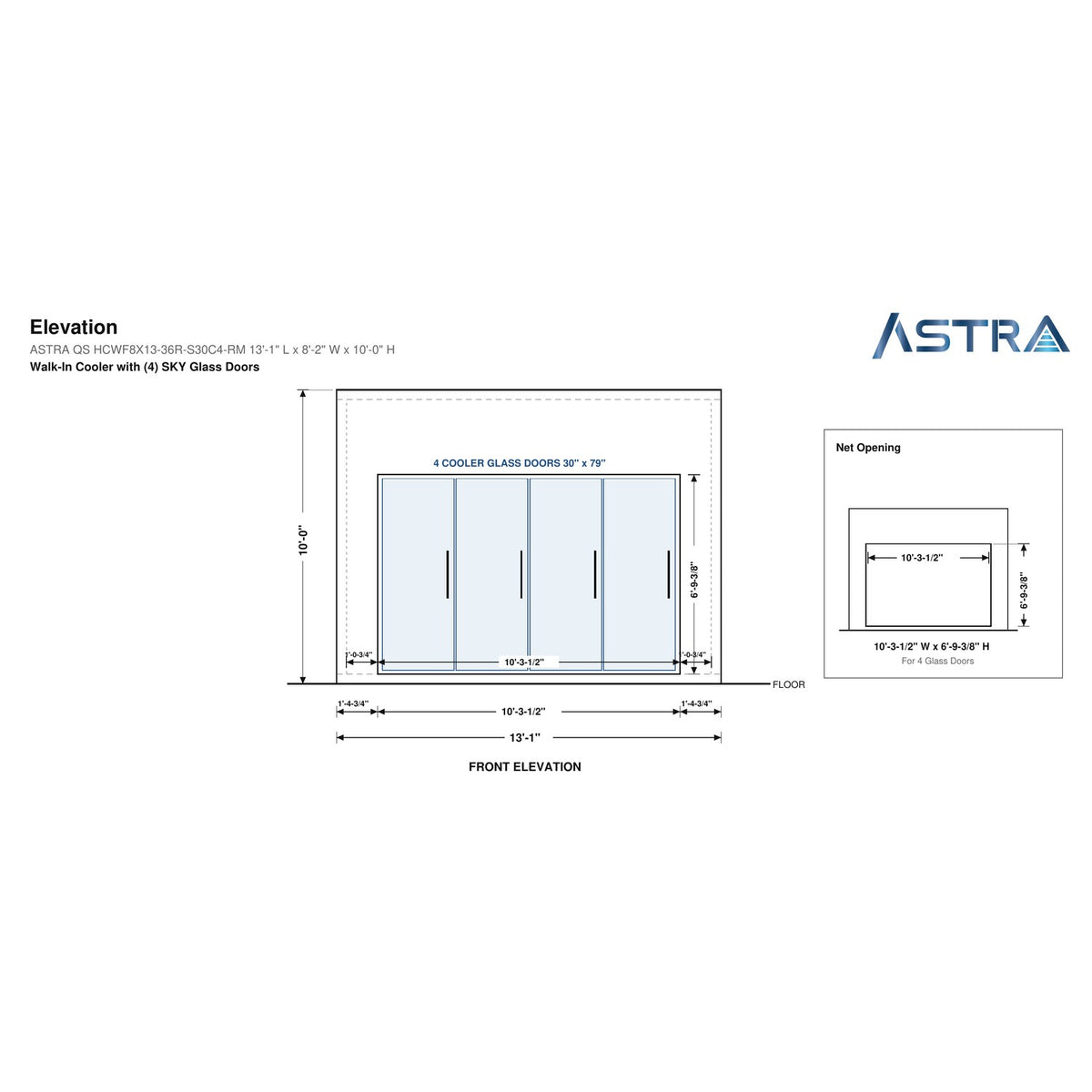 Astra HCWF8X13-S30C4-RM walk-in cooler with floor with 4 glass doors and remote refrigeration, front elevation drawing with glass door net opening