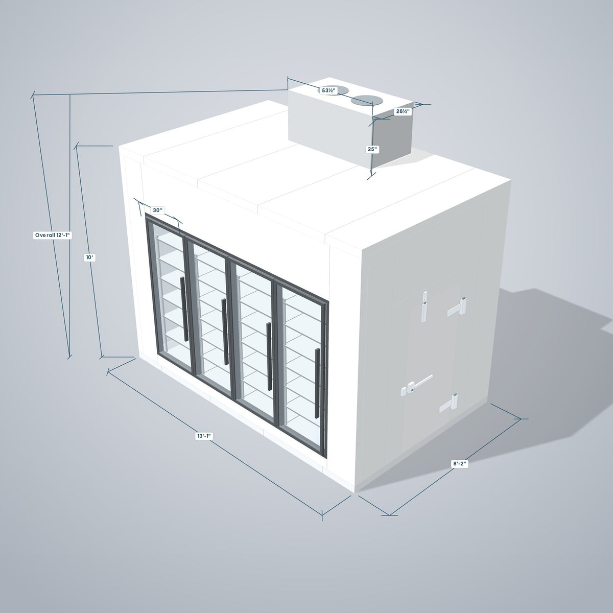 Astra HCWF8X13-S30C4-TM walk-in cooler with floor with 4 glass doors and top mount refrigeration, 3D view with outside dimensions