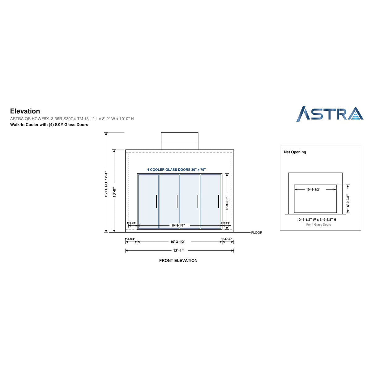 Astra HCWF8X13-S30C4-TM walk-in cooler with floor with 4 glass doors and top mount refrigeration, front elevation drawing with glass door net opening