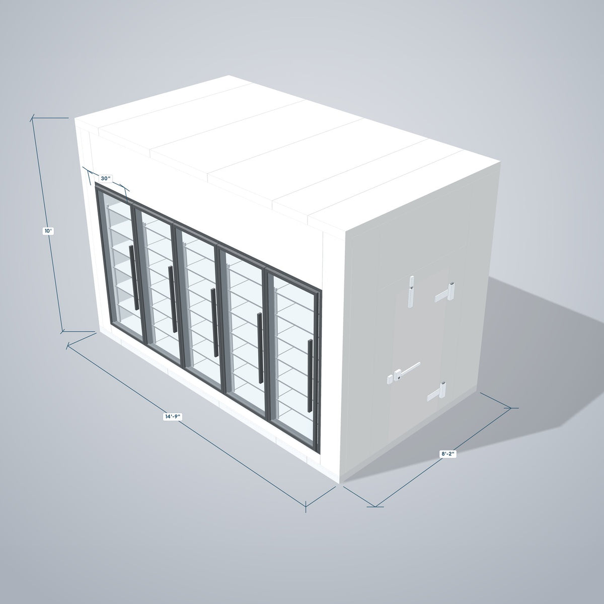 Astra HCWF8X15-S30C5-RM walk-in cooler with floor with 5 glass doors and remote refrigeration, 3D view with outside dimensions