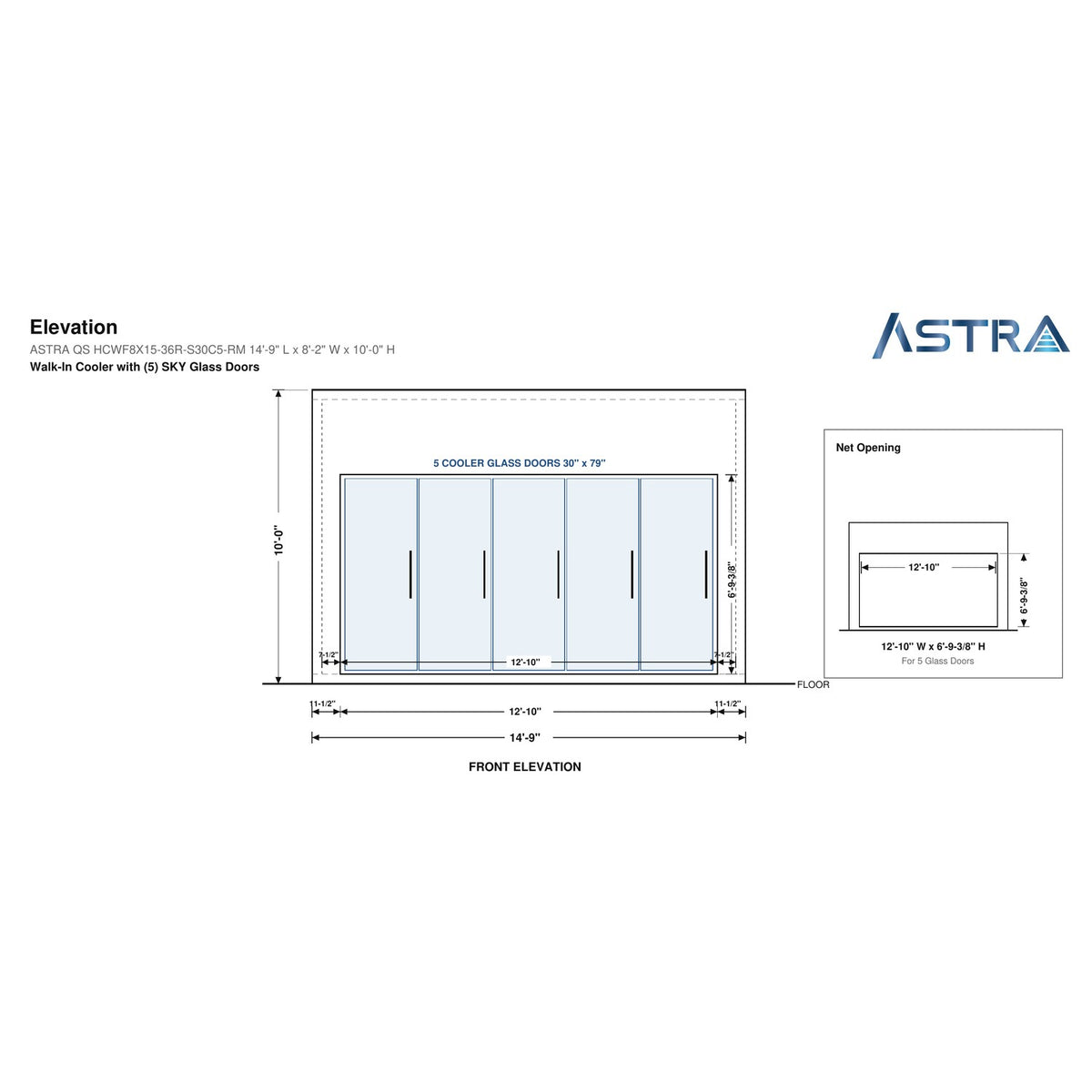 Astra HCWF8X15-S30C5-RM walk-in cooler with floor with 5 glass doors and remote refrigeration, front elevation drawing with glass door net opening