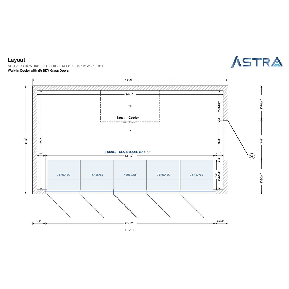 Astra HCWF8X15-S30C5-TM walk-in cooler with floor with 5 glass doors and top mount refrigeration, floor plan layout drawing with glass door shelving