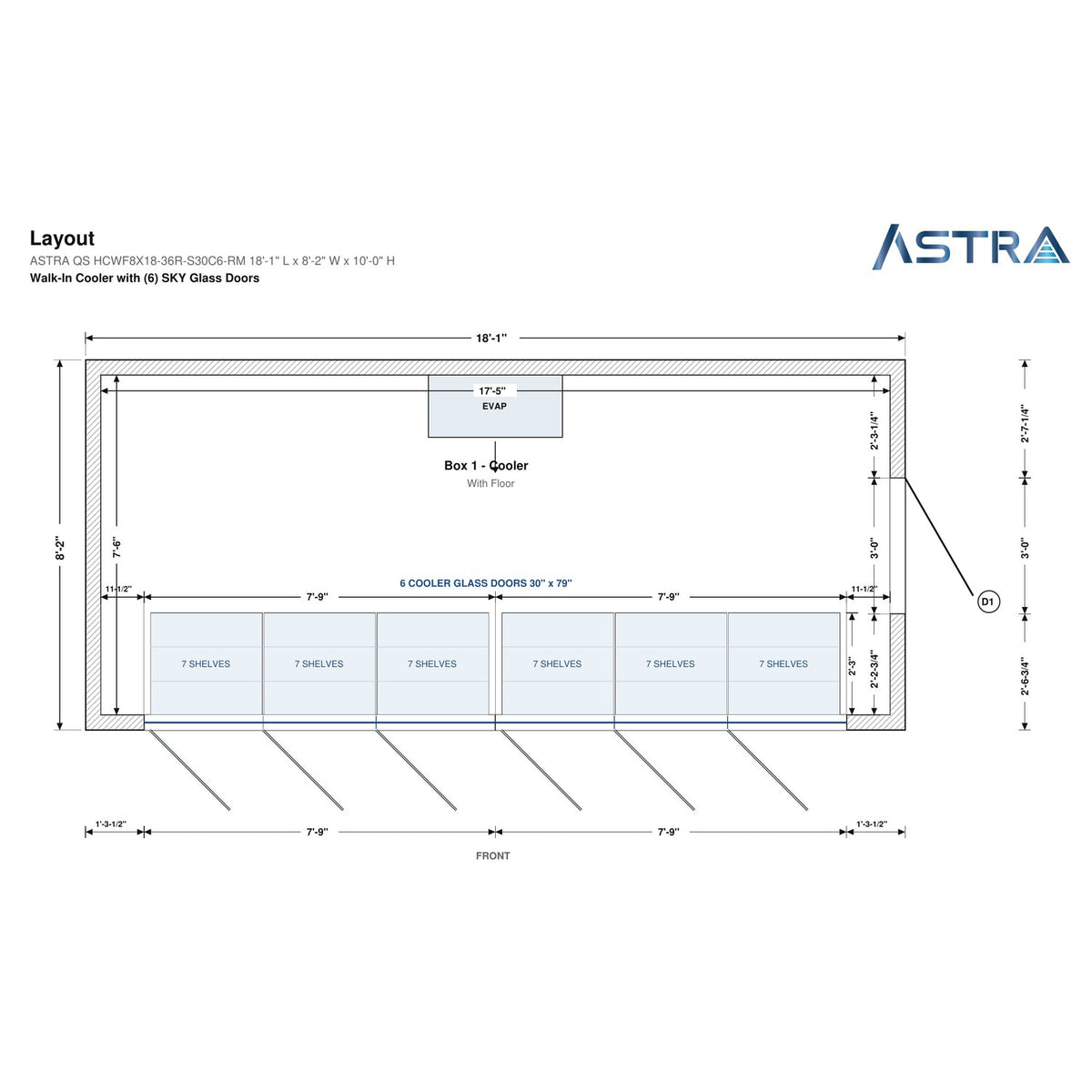 Astra HCWF8X18-S30C6-RM 8' x 18' Walk-In Cooler with Floor, 6 Glass Doors, floor plan layout drawing with glass door shelving