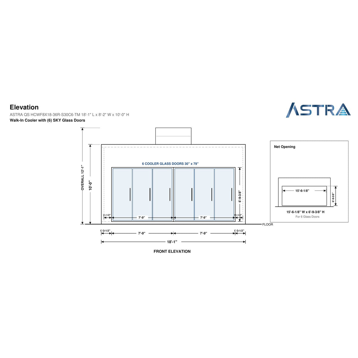 Astra HCWF8X18-S30C6-TM 8' x 18' Walk-In Cooler with Floor, 6 Glass Doors, front elevation drawing with glass door net opening