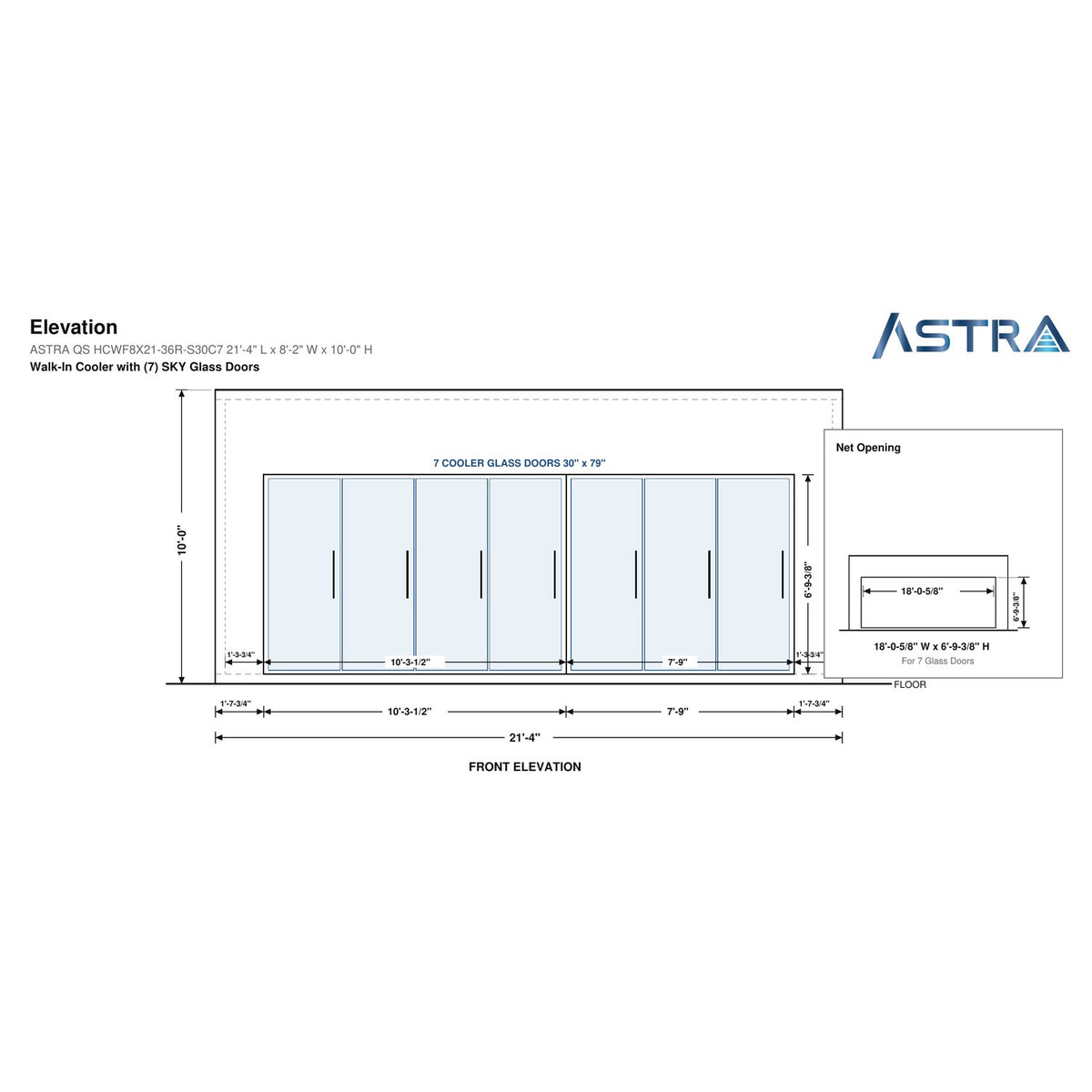Astra HCWF8X21-S30C7 8' x 21' Walk-In Cooler with Floor, 7 Glass Doors, front elevation drawing with glass door net opening