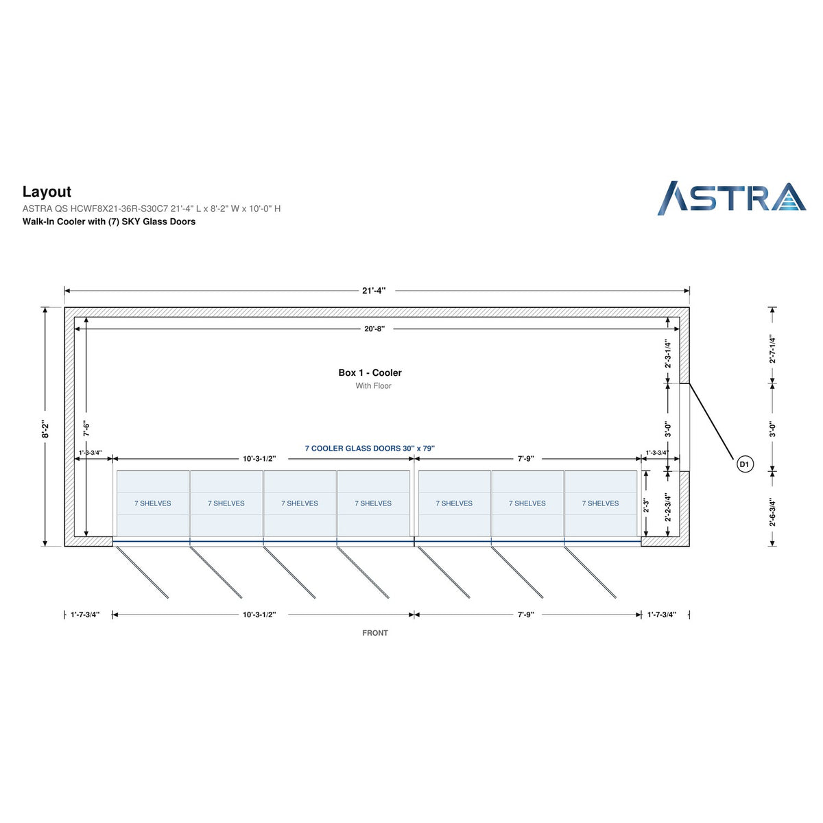 Astra HCWF8X21-S30C7 8' x 21' Walk-In Cooler with Floor, 7 Glass Doors, floor plan layout drawing with glass door shelving