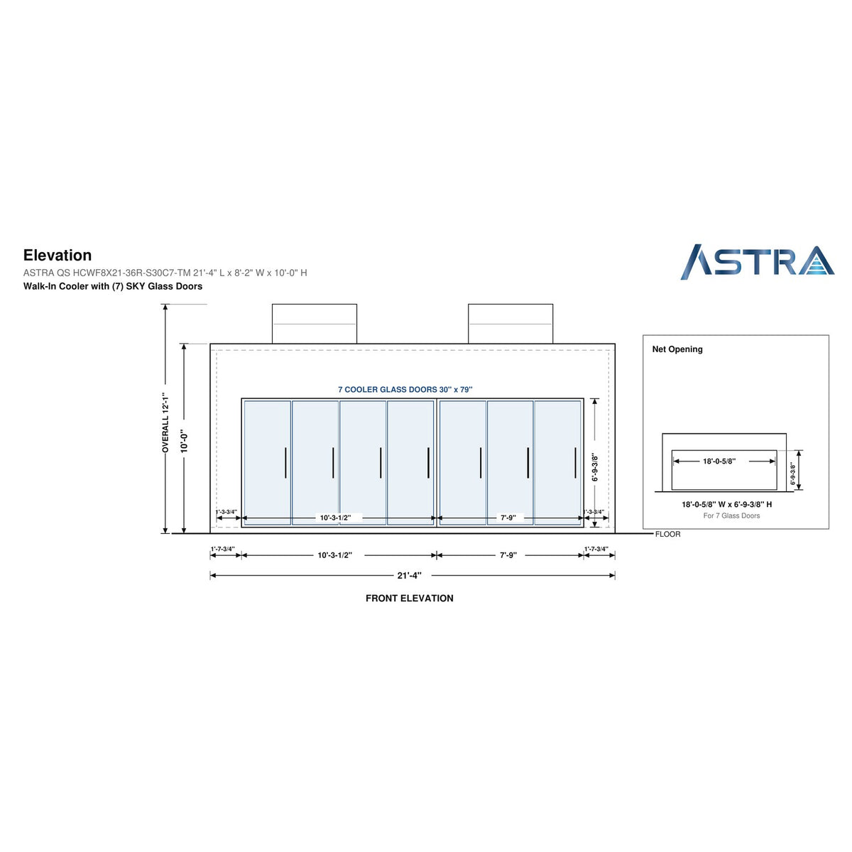 Astra HCWF8X21-S30C7-TM 8' x 21' Walk-In Cooler with Floor, 7 Glass Doors, front elevation drawing with glass door net opening