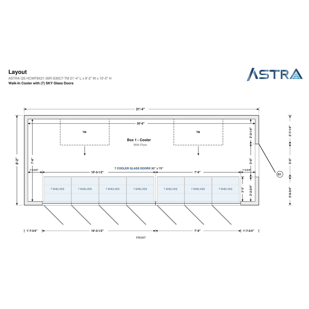 Astra HCWF8X21-S30C7-TM 8' x 21' Walk-In Cooler with Floor, 7 Glass Doors, floor plan layout drawing with glass door shelving
