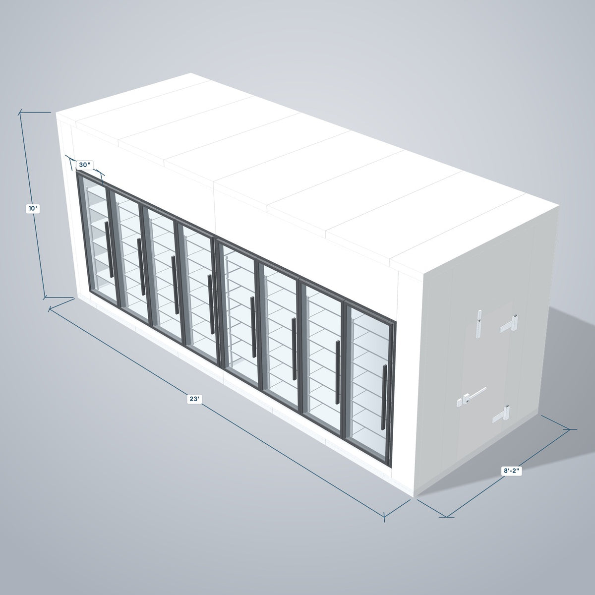 Astra HCWF8X23-S30C8 8' x 23' Walk-In Cooler with Floor, 8 Glass Doors, 3D view with outside dimensions