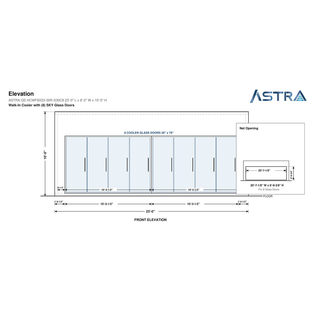 Astra HCWF8X23-S30C8 8' x 23' Walk-In Cooler with Floor, 8 Glass Doors, front elevation drawing with glass door net opening