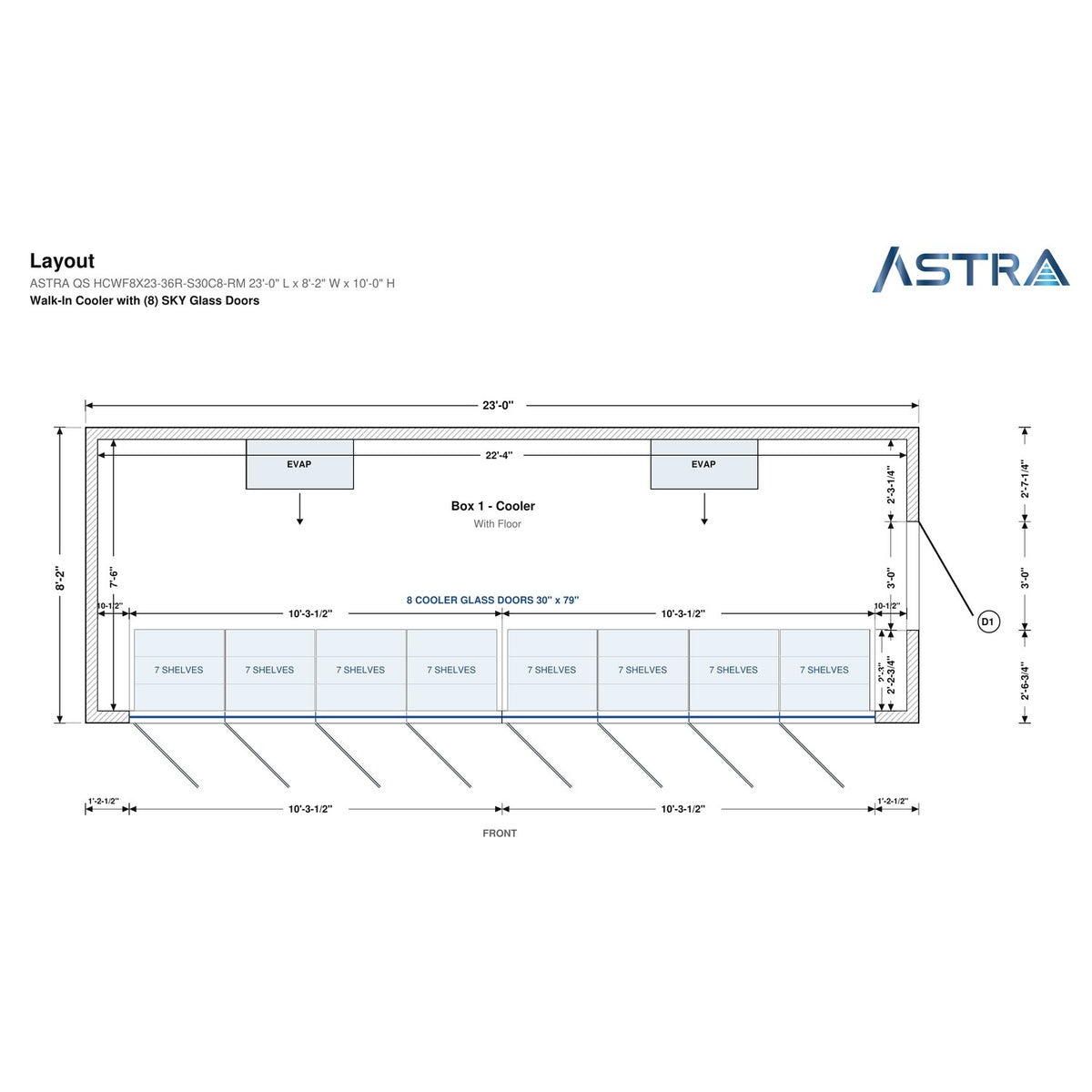 Astra HCWF8X23-S30C8-RM 8' x 23' Walk-In Cooler with Floor, 8 Glass Doors, floor plan layout drawing with glass door shelving