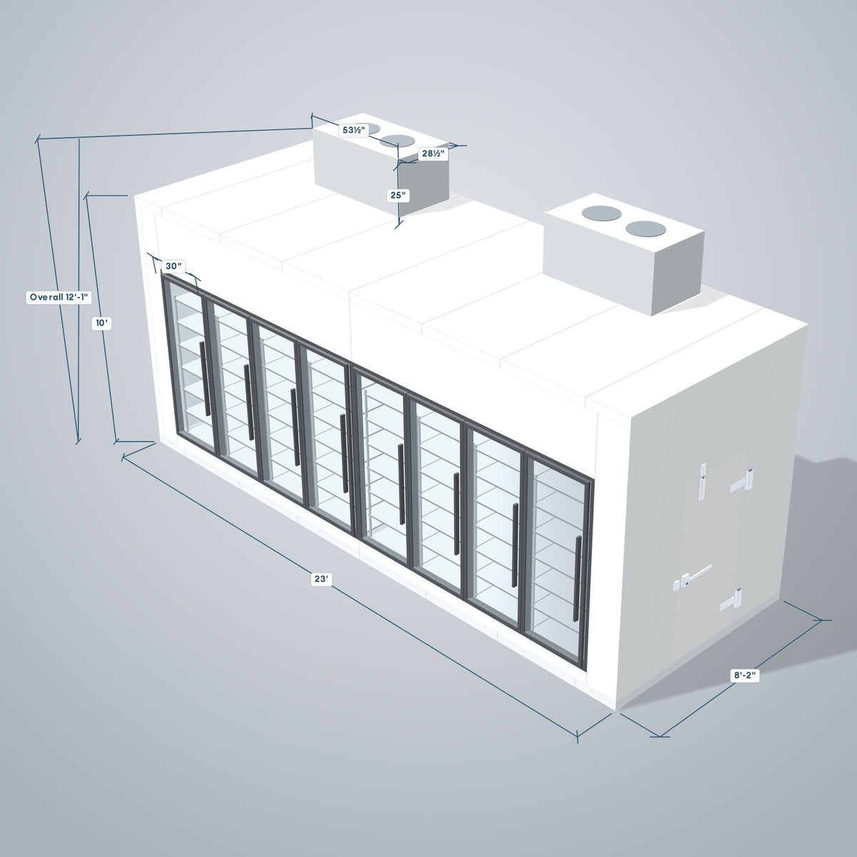 Astra HCWF8X23-S30C8-TM 8' x 23' Walk-In Cooler with Floor, 8 Glass Doors, 3D view with outside dimensions