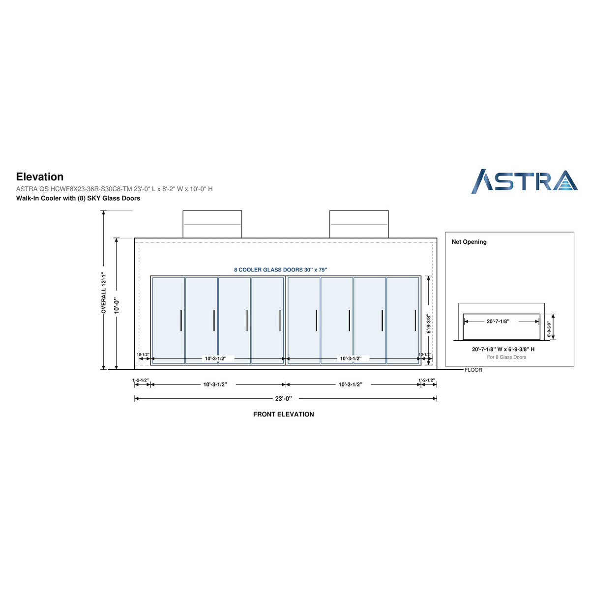 Astra HCWF8X23-S30C8-TM 8' x 23' Walk-In Cooler with Floor, 8 Glass Doors, front elevation drawing with glass door net opening