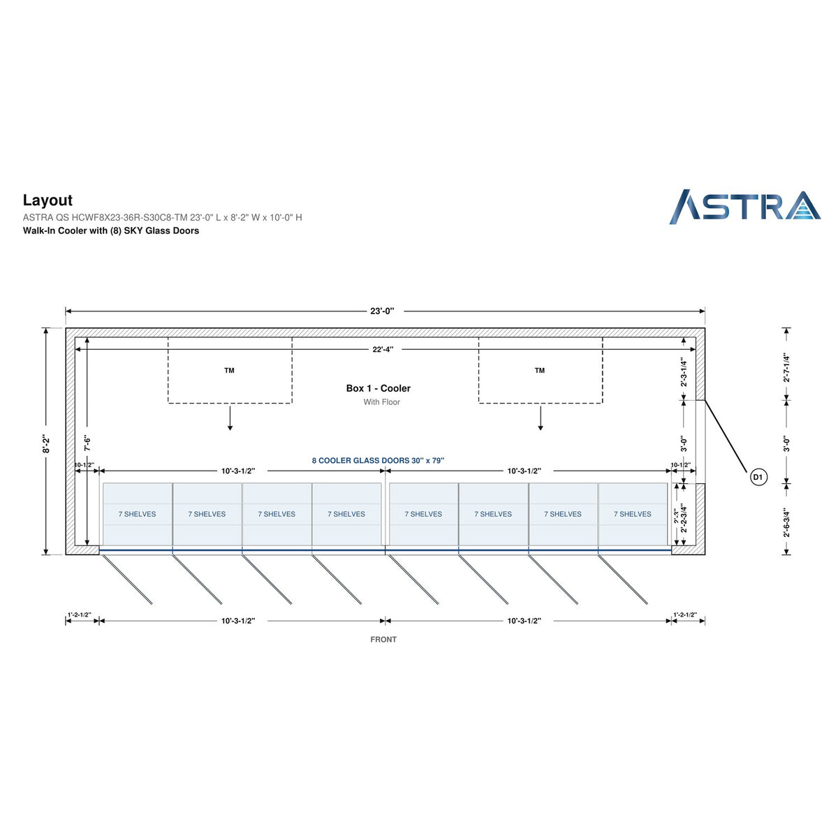 Astra HCWF8X23-S30C8-TM 8' x 23' Walk-In Cooler with Floor, 8 Glass Doors, floor plan layout drawing with glass door shelving