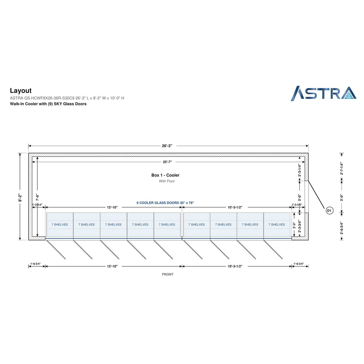 Astra HCWF8X26-S30C9 8' x 26' Walk-In Cooler with Floor, 9 Glass Doors, floor plan layout drawing with glass door shelving