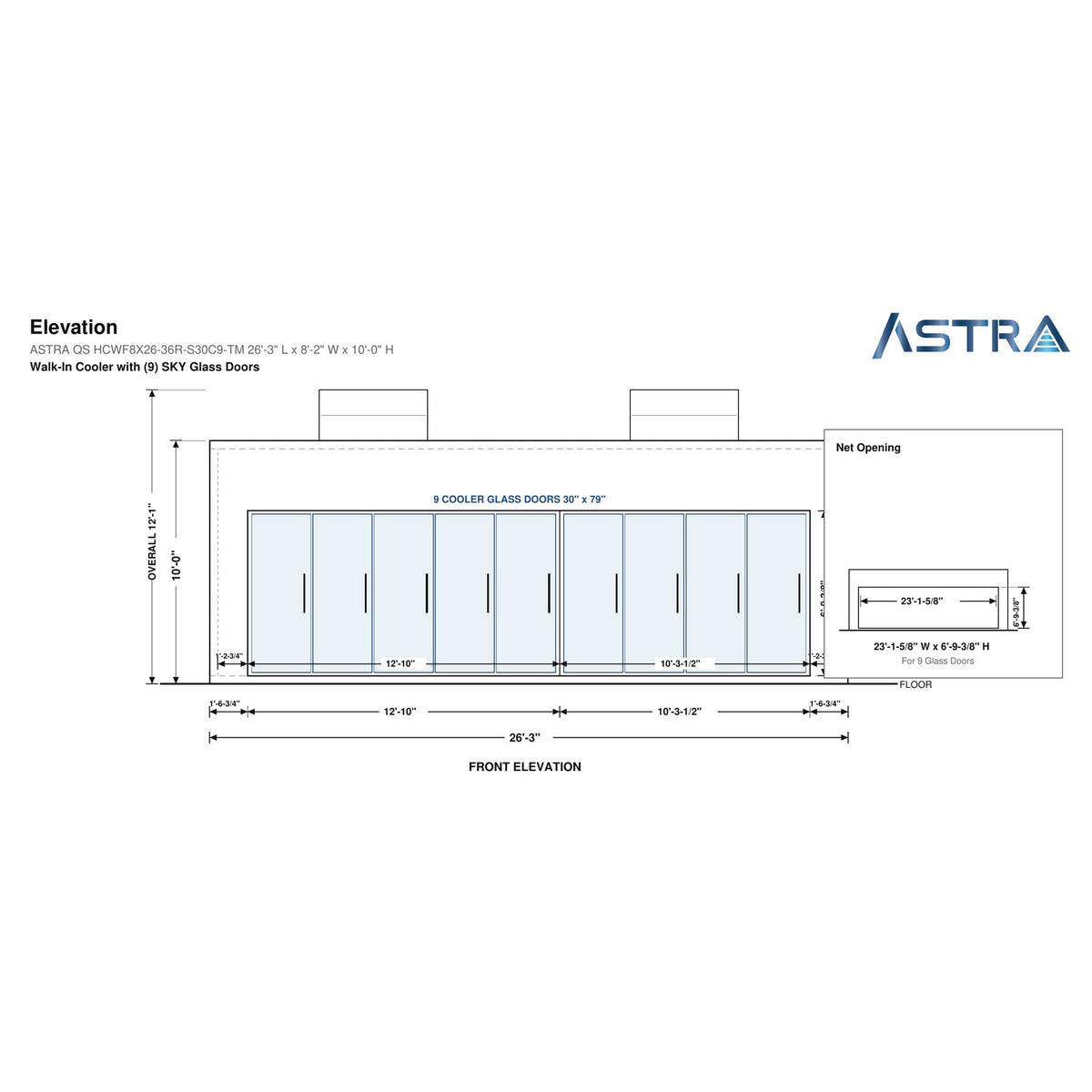 Astra HCWF8X26-S30C9-TM 8' x 26' Walk-In Cooler with Floor, 9 Glass Doors, front elevation drawing with glass door net opening