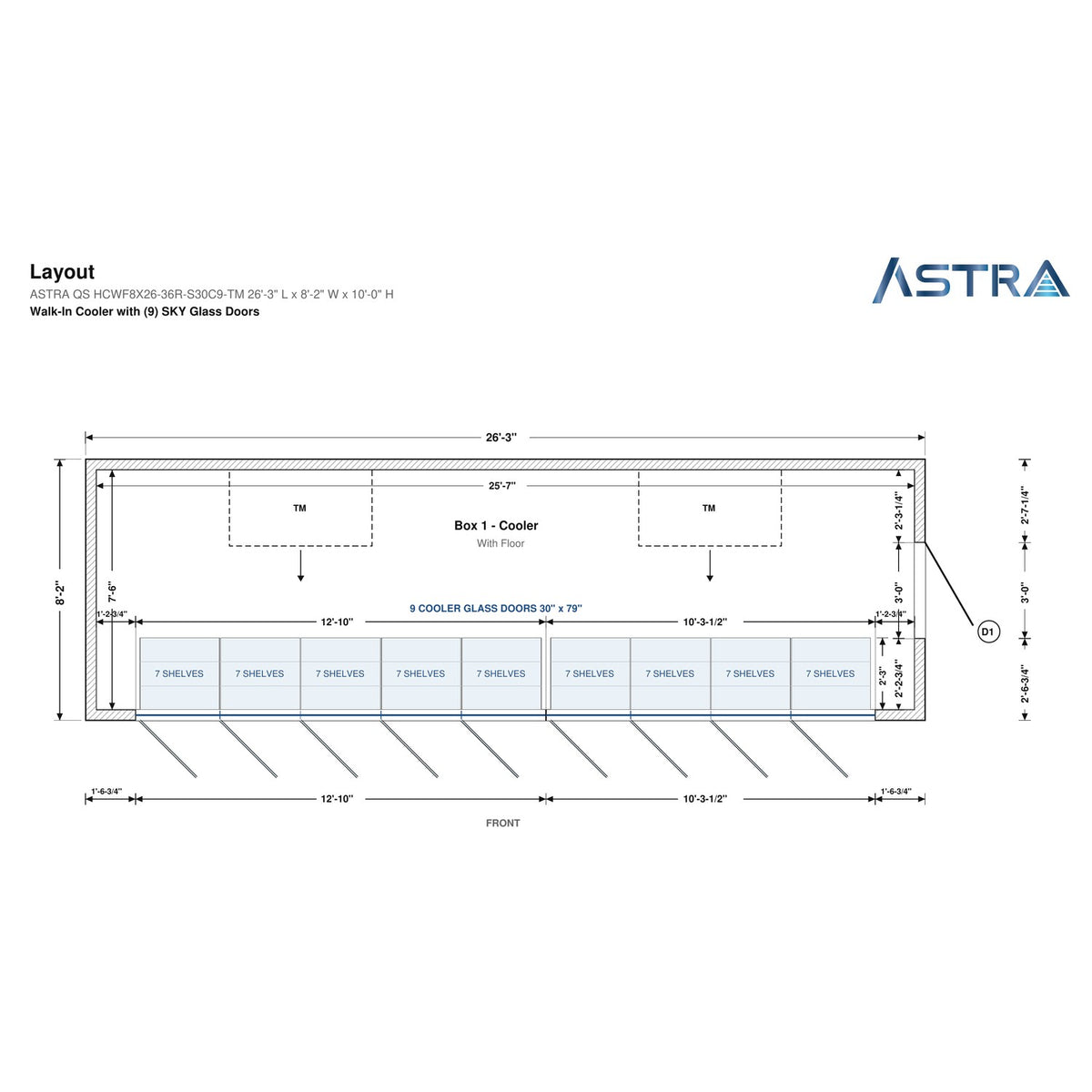 Astra HCWF8X26-S30C9-TM 8' x 26' Walk-In Cooler with Floor, 9 Glass Doors, floor plan layout drawing with glass door shelving