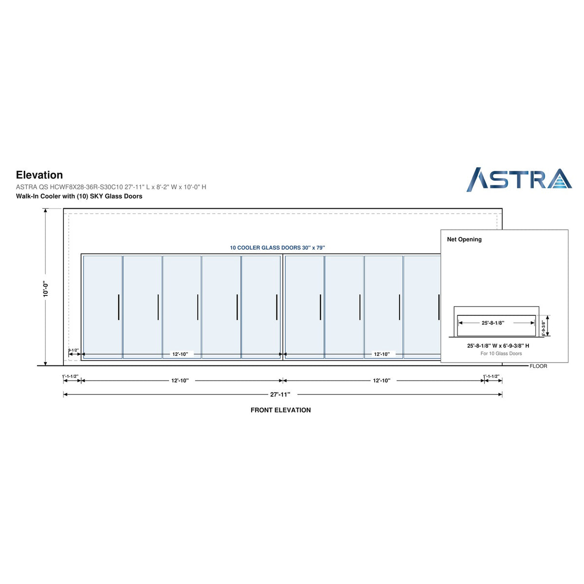 Astra HCWF8X28-S30C10 8' x 28' Walk-In Cooler with Floor, 10 Glass Doors, front elevation drawing with glass door net opening