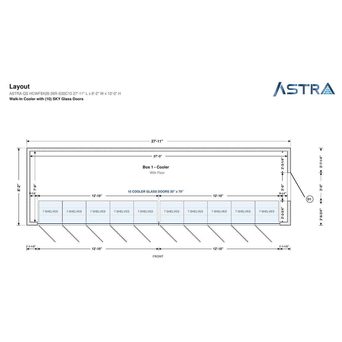 Astra HCWF8X28-S30C10 8' x 28' Walk-In Cooler with Floor, 10 Glass Doors, floor plan layout drawing with glass door shelving