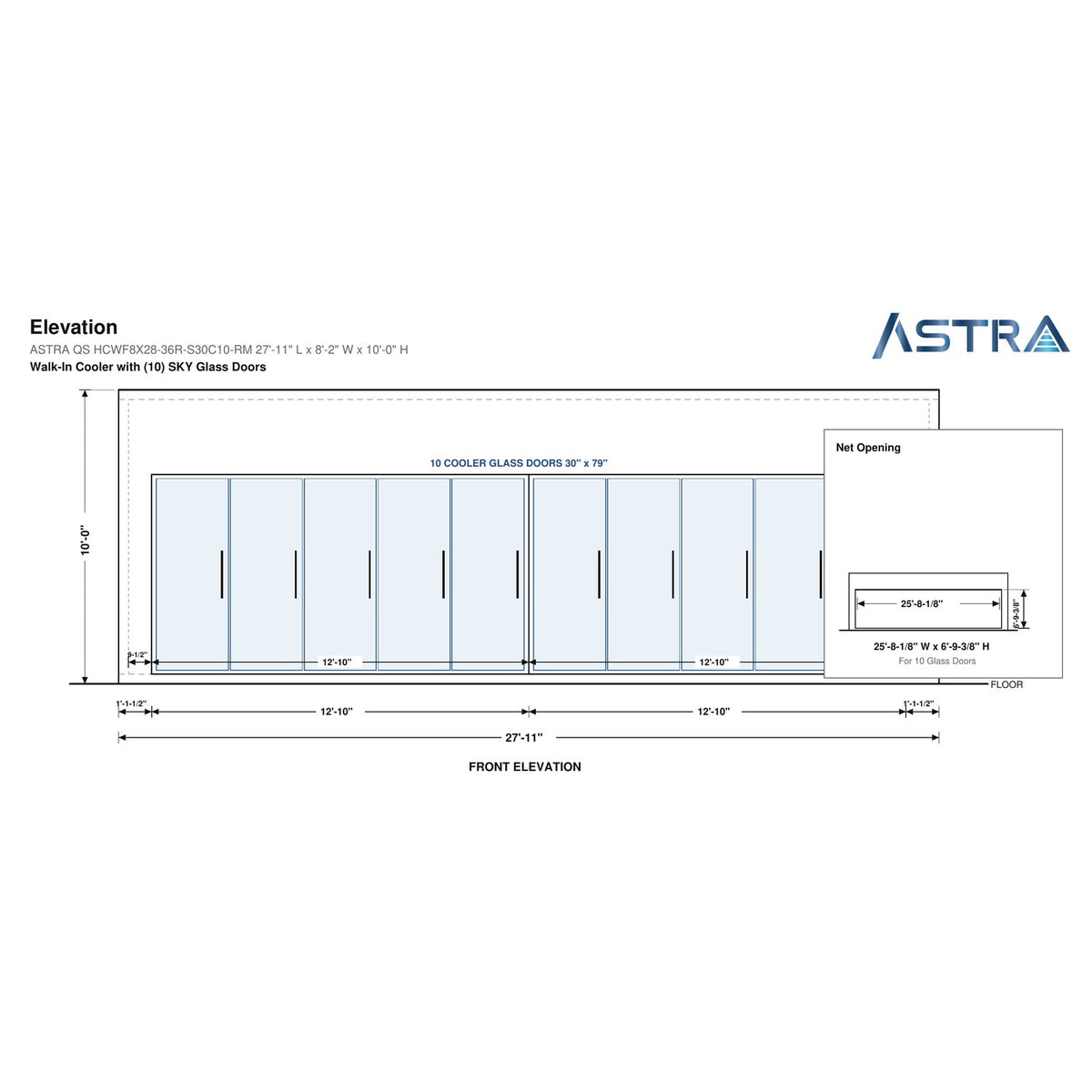 Astra HCWF8X28-S30C10-RM 8' x 28' Walk-In Cooler with Floor, 10 Glass Doors, front elevation drawing with glass door net opening