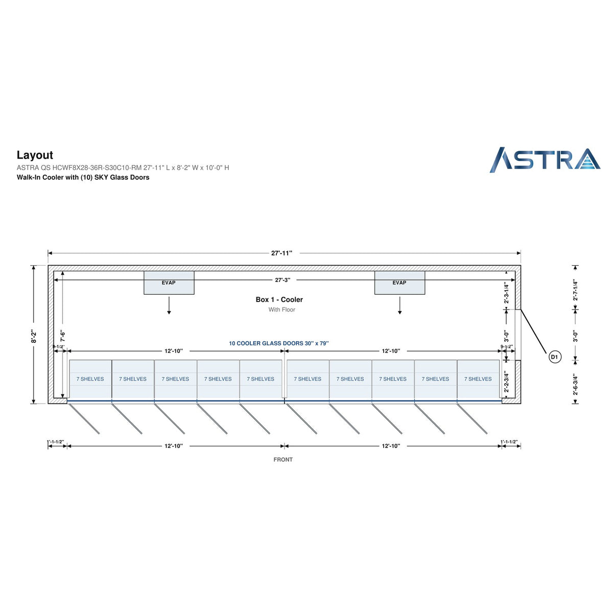 Astra HCWF8X28-S30C10-RM 8' x 28' Walk-In Cooler with Floor, 10 Glass Doors, floor plan layout drawing with glass door shelving