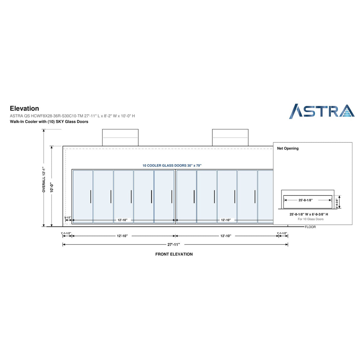 Astra HCWF8X28-S30C10-TM 8' x 28' Walk-In Cooler with Floor, 10 Glass Doors, front elevation drawing with glass door net opening