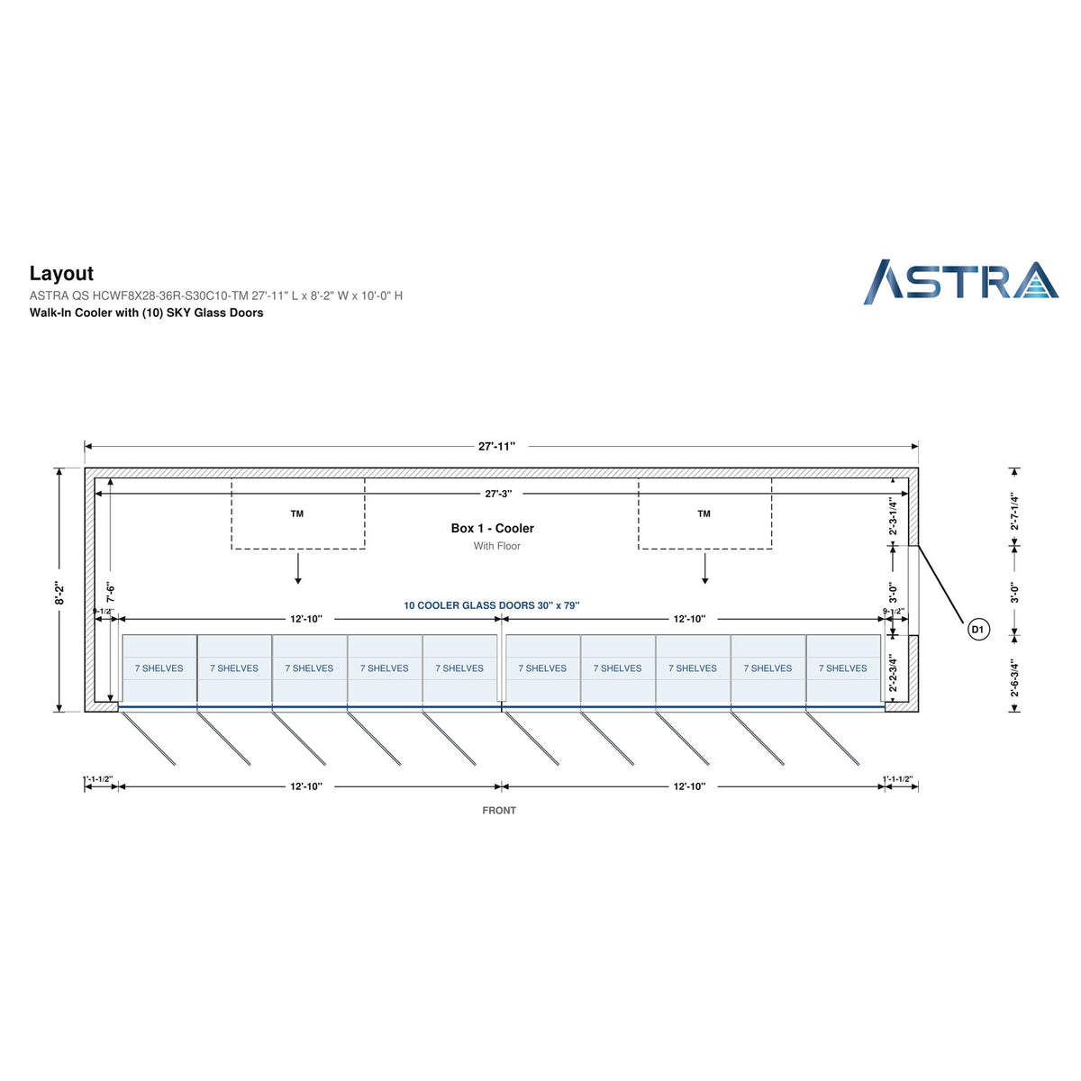 Astra HCWF8X28-S30C10-TM 8' x 28' Walk-In Cooler with Floor, 10 Glass Doors, floor plan layout drawing with glass door shelving